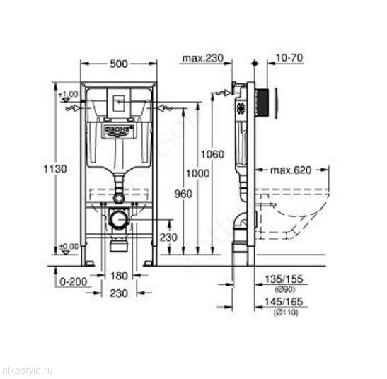 GROHE Инсталляция Rapid SL 3 в 1 в сборе, для подвесного унитаза с кнопкой смыва Skate Cosmopolitan 1,13 м GROHE Инсталляция Rapid SL 3 в 1 в сборе, для подвесного унитаза с кнопкой смыва Skate Cosmopolitan 1,13 м